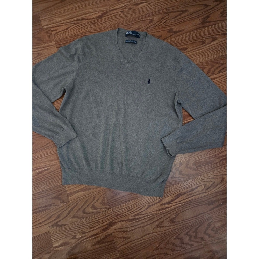 Polo Ralph Lauren Mens V-Neck Sweater M Pima Cotton Olive Gray Pony Logo Knit